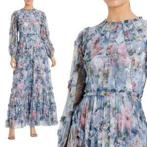 Mac Duggal 8098 Womens Size 18‎ Blue Floral Long Sleeve Ruffle Gown Maxi Dress